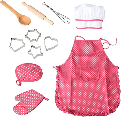 HoobyLane Kinderschürze Koch und Backset, 11 Stück Kinderküche Ankleiden und Backset mit Kochschürze, Kochmütze und Kochzubehör für 3+ Kinder Rollenspiel, Geschenk für Mädchen （Rot）