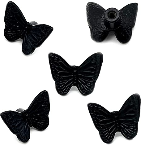 YOUYOUULU 5 Stück Schwarz Schmetterling Schubladenknöpfe, Antik-Tier-Schrank-Kommoden-Ziehen, Vintage-Insekten-Schmetterlings-Schrank-Möbel-Dekor-Knauf (schwarz)