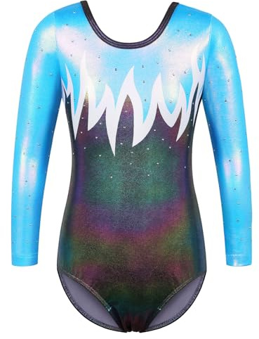ZNYUNE Langärmeliger Gymnastikanzug für Mädchen, glitzernd, Tanzen, athletischer Gymnastikanzug für Mädchen, 343, Weißblau, 8A