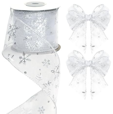 jijAcraft Organzaband Weihnachten 6cm Breit, Geschenkband mit Draht Silber, 10 Yards Schneeflocke Organzaband, Glitzer Weihnachtsband für Geschenkdeko, Kranz, Handwerk, WeihnachtsSchleifenherstellung