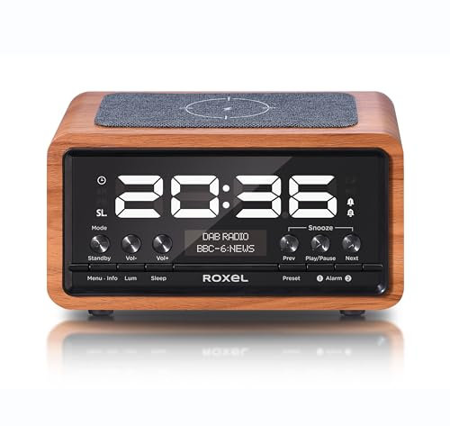 Roxel Nod2 DAB Radio, DAB+ & FM Radio, Alarm Clock, Wireless Qi Charging Large Digit Display Dual Bedside Alarm Clock with Wireless Streaming (Walnut)