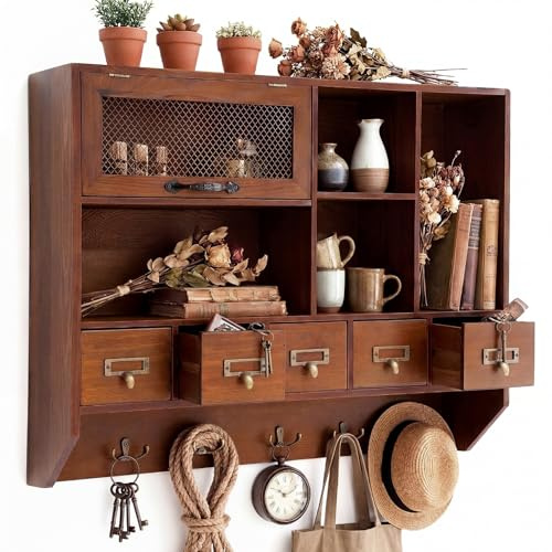 Cinnvoice Farmhouse Medicine Cabinet Bathroom Wall Cabinet with Drawer Rustic Chicken Wire Wall Shelf with Hooks and Apothecary Chests for Bathroom Living Room Laundry Bedroom, Vintage Wood