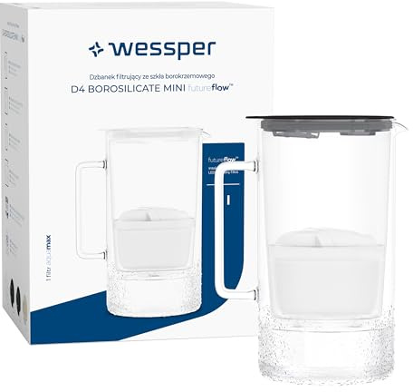 Wessper Caraffa Filtrante in Vetro da 2 litri, senza BPA Caraffe per Acqua con Contatore Intelligente del Filtri, Brocca con Cartuccia Filtrante al Carbone Attivo e Anti calcare- Nero