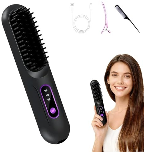 Kabellose Glättbürste, 2026 Neu Mini Glätteisen Haarglättungsbürste, Straightener Brush mit 3 Temperaturen, Haarglätter Bürste, Mini Hair Straightener Brush 10S-Schnellaufheizung für Haar (Schwarz)
