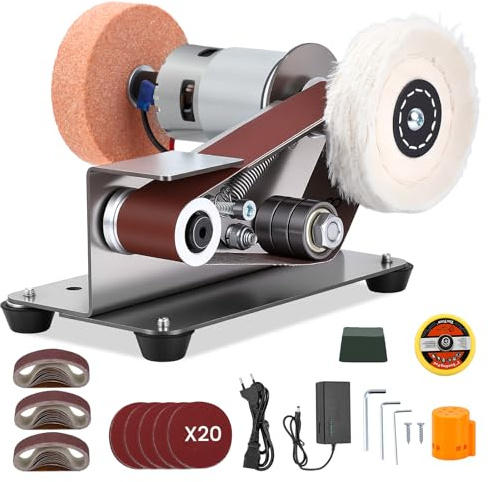 Elektrischer Mini Bandschleifer, Klein Band Schleifmaschine 15 Grad Tischschleifer mit Festem Winkel, 7-Stufig Verstellbarer Polierer für Metall Holz DIY Handwerk, Werkzeug & Messerschärfen
