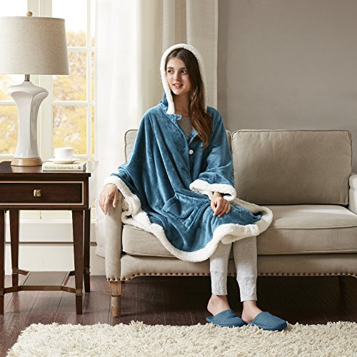 Comfort Spaces Glimmersoft plysch till sherpa ficka huva ängel wrap ultramjuk bärbar poncho filt överkast, 147 cm x 183 cm, blågrön