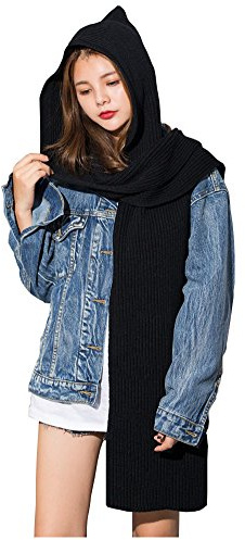 Elufly Gorro de invierno 3 en 1 con capucha para mujer, chal de punto de ganchillo, calentador de cuello, NEGRO, 120cm x 22cm