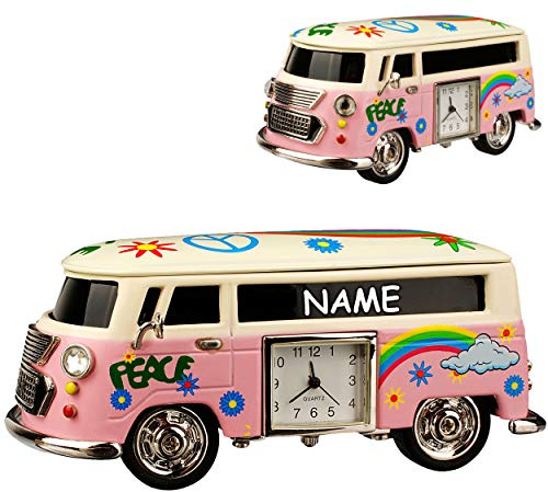 alles-meine.de GmbH kleine - Tischuhr/Miniatur - Uhr - Auto Bus - Oldtimer - inkl. Name - aus Metall - 10 cm - batteriebetrieben - Analog - Batterie - weiß - rosa/Peace & Lov..