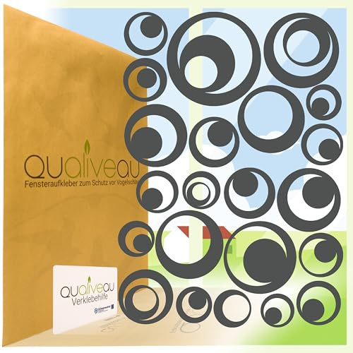 Qualiveau® 22 Retro Kreise Aufkleber zum Schutz vor Vogelschlag | Komplett – Set mit Verklebehilfe | Farbe: Dunkelgrau