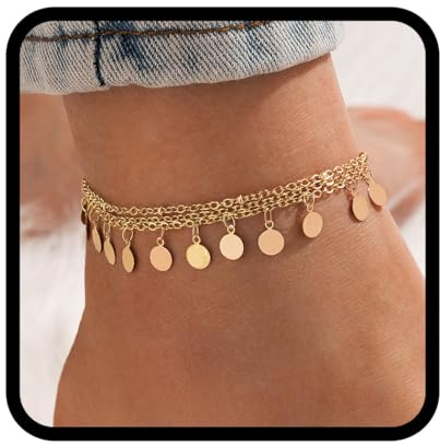 Handcess Boho Layered Pailletten Fußkettchen Gold Fußkettchen Quaste Fußketten für Frauen und Mädchen