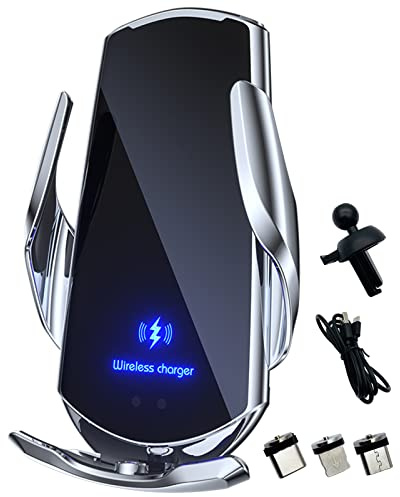 Wireless Car Charger Automotive Electric Induction 15W Wireless Charger Car Vent Mount Bracket Fast Charging Auto-Clamping Car Phone Holder Mount Air Vent Phone Holder Silver…