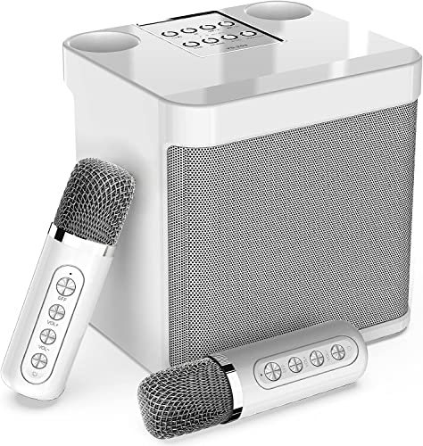 Microphones de karaoké sans Fil Haut-Parleur Bluetooth avec 2 Microphones sans Fil pour Le Chant, système de sonorisation Portable pour la fête, Les activités, Support Bluetooth, AUX, USB/TF(Blanc)