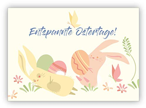 4x Fröhliche Osterkarte mit Hasen bei der Ostereier-Suche: Entspannte Ostertage! • individuelle Grusskarten Set mit Umschlägen, hochwertige Qualität