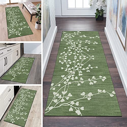 QQrunner Teppichläufer rutschfest Meterware 40x200CM Grün Vintage Blatt Muster Dünner Waschbar Läufer Teppich Flur Schlafzimmer Korridor Küchenläufer Teppich Lang, Anpassbare Größe, 40-120cm Breit