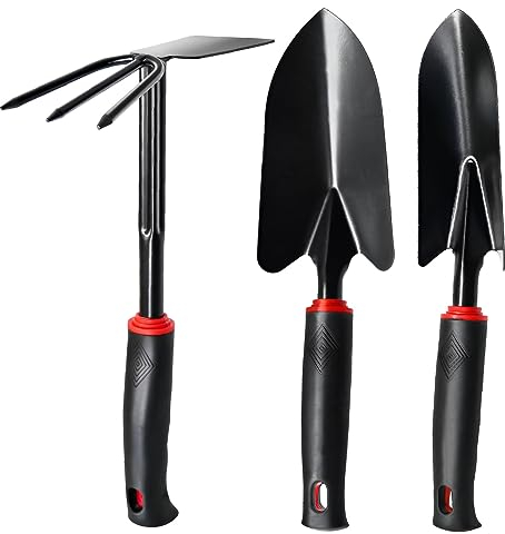RICHDMI Attrezzi Giardinaggio, 3 Pezzi Kit Giardinaggio, Acciai Inossidabili Paletta Giardinaggio, Con Piccola Pala, Doppia Zappa Tridente, Trapiantatore a Paletta, Kit per Giardinaggio e Piantare