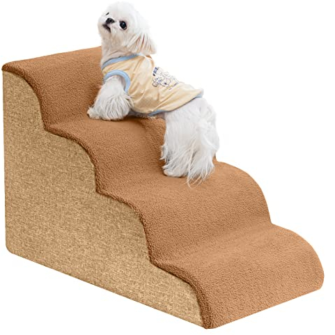 Uross Hundetreppe für Kleine Tiere - Hochdichter Schaumstoff-Haustiertreppe zum Aufsteigen auf das Bett, 4 Ebenen Katzen-Stufenrampe für Gelenkschmerzen (Braun)