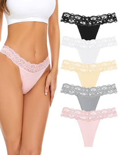 voenxe Seamless Women Thong,No Show Lace Underwear,Cotton-Like Soft Undies