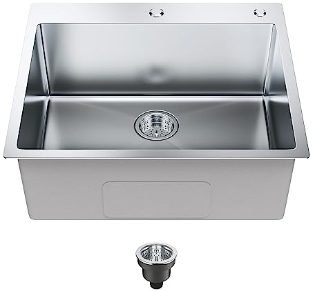 VEVOR Évier Cuisine 1 Cuve 63,5 x 55,8 x 23 cm Évier à Encastrer pour Meuble Bas Évier Montage Supérieur en Acier Inoxydable 304 avec Kit de Drainage Filtre pour Bar Buanderie Restaurant Bar Caravane