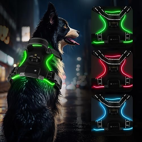 MASBRILL Hundegeschirr Leuchtend Aufladbar, LED Hundegeschirr Verstellbar Reflektierend mit Griff, Weich Gepolstert Beleuchtete Brustgeschirr für Kleine, Mittlere Große Hunde Leucht Geschirr(Grün M)