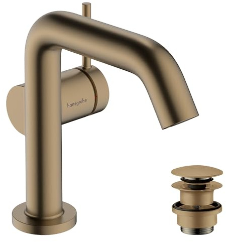 hansgrohe Tecturis S Fine - Waschtischarmatur mit Push-Open Ablauf, energiesparend (CoolStart), Wasserhahn Bad Auslauf Höhe 110mm, Mischbatterie Waschbecken wassersparend (EcoSmart+), Brushed Bronze