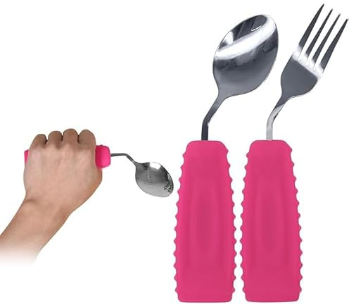 Ehucon Adaptive Utensils - Cuchara y tenedor en ángulo para temblores de mano, Parkinson, utensilios pesados con asas antideslizantes de fácil agarre para comer independiente (1 cuchara + 1 tenedor =
