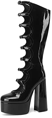 Frankie Hsu Gothic Lolita - Botas de tacón alto hasta la rodilla con hebilla y plataforma de charol negro para mujer, Negro -, 49 EU