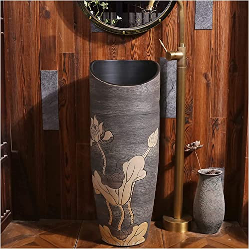 Vanity Unit with Basin,Bathroom Basin Sink with Full Pedestal, Pedestal Sink Handcrafted Ceramic wash Basin Pedestal Washbasin with Faucet and Drain Installation Hole, for Indoor a