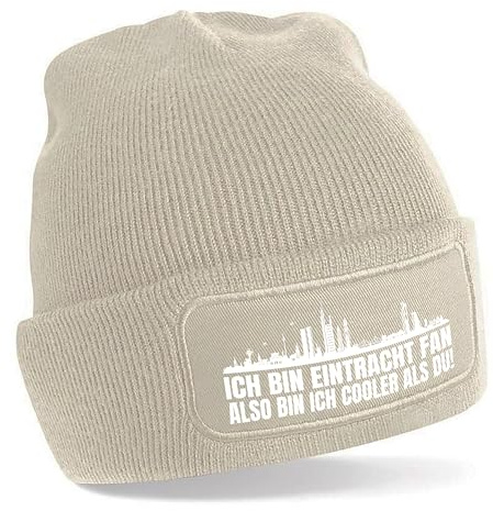 Beanie Strickmütze mit Spruch | Ich bin Eintracht Fan also bin ich cooler als du! | Farbwahl | weiche und warme Fußball Mütze für Frankfurt Fan | Skyline | SoftTouch Einheitsgröße für Erwachsene