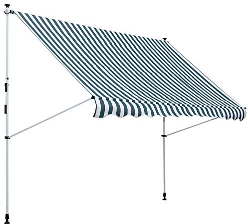 Outsunny Store banne Manuel rétractable 3L x 1,5l m Auvent Téléscopique sans Perçage Inclinaison et Hauteur réglable Installation Rapide métal alu Polyester Anti-UV Vert Blanc rayé