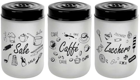 Maury's Barattoli In Vetro Opaco Candy, Con Barattolo per Zucchero, Sale e Caffè, Design Trasparente con Tappo Nero, Capienza 660 ml e Altezza da 15 cm (3)