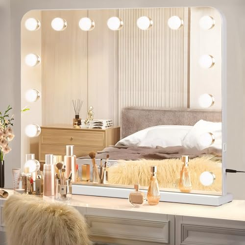 VOWNER Hollywood Schminkspiegel mit Beleuchtung, 15 LED Dimmbar Kosmetikspiegel mit 3 Lichtfarben, Touch Control Vanity Spiegel, mit USB und 10x Lupe, für Schlafzimmer Schminktisch
