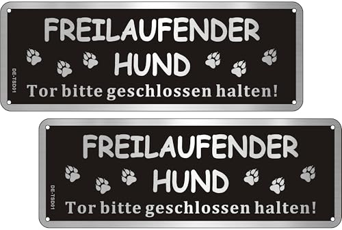 2 Stück Freilaufender Hund Schild Aluminium Gebürstet 25x9cm, Schwarz