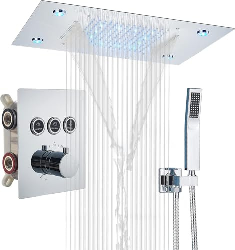 duschkopfDuschsystem 14 * 20 Zoll LED-Hochdruck-Regenduschkopf und Thermostatventil zur Wandmontage 3-Funktions-Duschkombinationsset zur Wandmontage mit Rohventilkörper und Zierleiste, polie