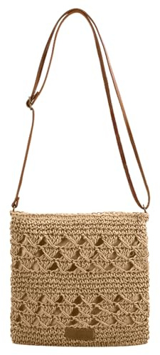 Bototack Summer Straw Bag for Women, Small Beach Crossbody Bag with Zipper and Adjustable Strap, Bohemian Weave Handmade Shoulder Handbags for Holiday Beach Travel (Khaki)