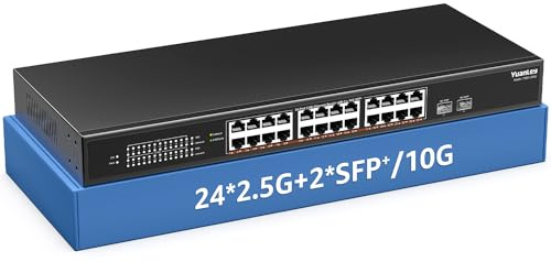 26-Port 2,5G Unmanaged Ethernet-Switch, 24 x 2,5Gb Base-T Ports, 2 x 10G SFP+, Kompatibel mit 100/1000/2500Mbps, Metallgehäuse, Desktop-/Rack-Montage YuanLey 2,5Gbe Netzwerkswitch für Wireless AP, PC