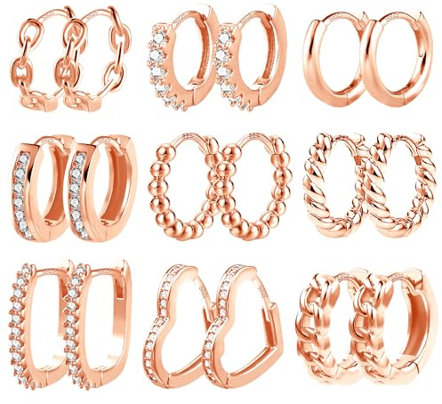 Rose guld ring örhängen små örhängen set för kvinnor, ALEXCRAFT 9 par multipack rosé guld örhängen örhängen för flera öronhål, små ring örhängen fyrkantigt hjärta huggie hoop örhängen piercing set