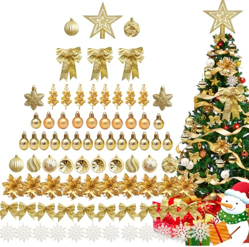 Weihnachtsbaum Deko,Christbaumschmuck Weihnachtskugeln,88 Stück Gold Weihnachtsbaumschmuck mit Weihnachtsblumen,Schneeflocken,Schleife,Baumspitze Stern zum Weihnachtskranz, Weihnachtsgirlande Deko