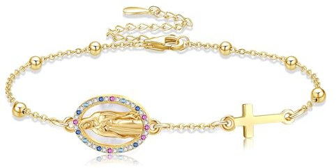 URONE Bracelet Vierge Marie En Argent Sterling Avec Pendentif En Forme De Croix Et Chapelet Bijou Chrétien Pour Femme