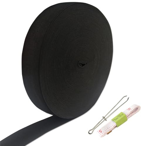 HXJDAM 20 metros de goma elástica de 20 mm negro, 25,6 pulgadas de ancho para pantalones, 2 cm de ancho, cinta de goma elástica para costura, accesorios de costura con un clip y cinta métrica