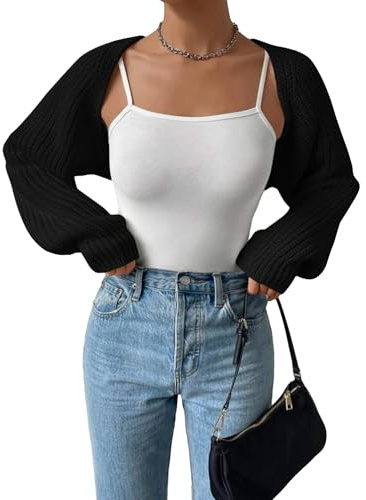 LYSINK Womens Cropped Knitted Shrugs Cardigan Long Sleeve Open Front Bolero Sweater Casual Vacation Outwear (Black, L)