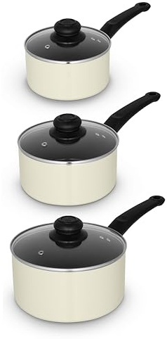 Swan Townhouse 3 Piece Saucepan Set with 16/18/20cm Saucepans with Glass Lids, Bakelite Handles, Suitable for All Hob Types (excluding Induction), Oven Safe, Cream