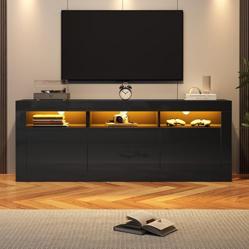 Meuble TV Brillant avec éclairage LED, 3 Compartiments Ouverts, 2 Portes, 2 tiroirs, contrôle Intelligent de l’Application, Meuble TV pour téléviseur de 70 Pouces, Lowboard Panneau de Table Noir