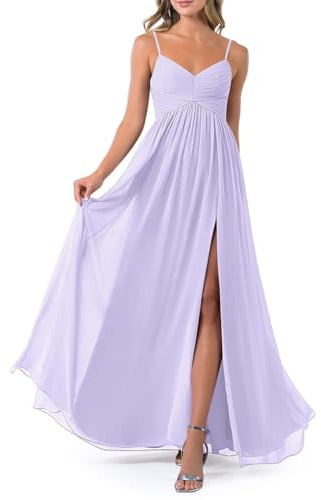 Vestidos de dama de honor con tirantes delgados para mujer con abertura y cuello en V, vestidos de cóctel, vestidos de fiesta de chifón, Lila, 52 Grande