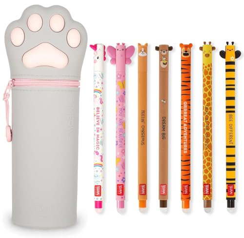 LEGAMI Set mit 7 radierbaren Gelstiften + 2-in-1-Federmäppchen – mit thermoempfindlicher Löschtinte, verschiedene Tintenfarben und Schaftdesigns, 0,7 mm Spitze (Kitty)