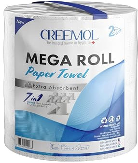 Kitchen Rolls Mega Paper Towels, 2 Ply, Extra Absorbent, 410 Sheets, 95m Roll, 1 Mega Roll Equals 7 Small Rolls, XXL Sheets, Thicker and Bigger (Pack of 1)