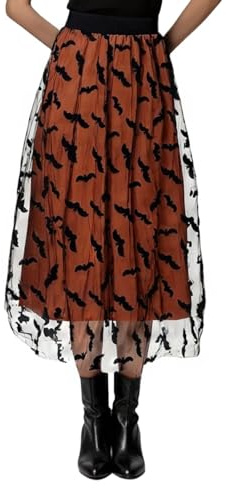 Halloween Damen Rock, Samt Fledermäuse Mesh Tüllrock Elastischer Hoher Bund A Linie Swing Midirock Halloween Kostüm (L, XL, Orange - Fledermäuse)