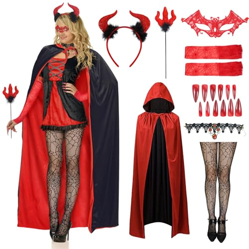 Devil Vampire Costume 20 IN 1 Halloween Vampire Cape Cloak with Devil Horns Fork Masks Necklace Red Gloves Spiderweb Stockings Nail Stickers for Adult Women Halloween Costumes Cosplay Theme Party