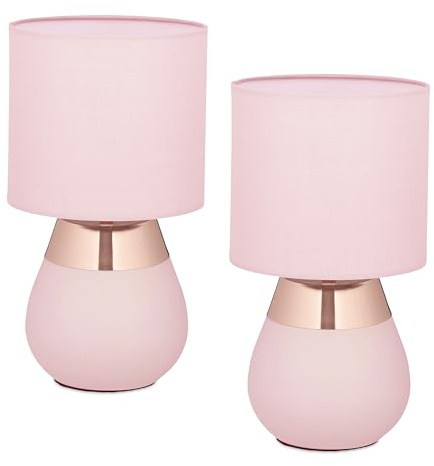 Relaxdays Tischlampe, 2er Set, Metallfuß, Stoffschirm, E14, H x D: 32 x 18 cm, Nachttischlampe mit Kabel, rosa/Kupfer