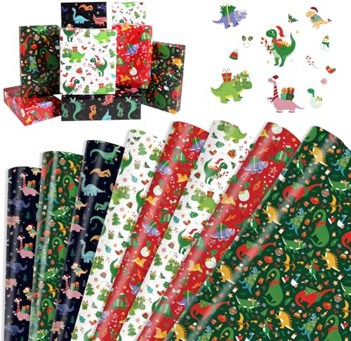 DPKOW Dinosaurier Geschenkpapier Weihnachten, 8 Stück Weihnachtspapier Geschenkpapier Dino Geschenkverpackung Weihnachten Packpapier Weihnachtsgeschenkpapier, Christmas Wrapping Paper 70 x 50 cm