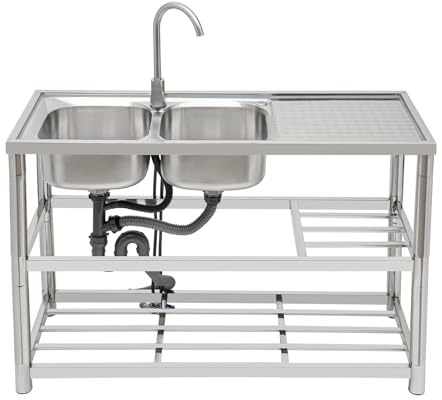 120x80cm 2 Becken Doppelbecken Küchenspüle Freistehend Edelstahl Gastro Multifunktionswaschtisch Spüle Freistehende Waschbecken für Außen Innen Restaurant